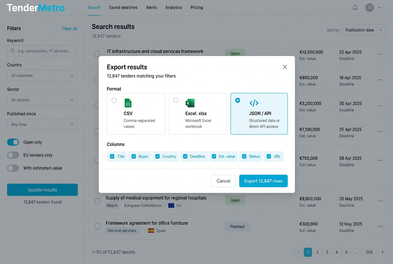 TenderMetro export dialog over search results, with CSV, Excel and JSON format options and selectable columns