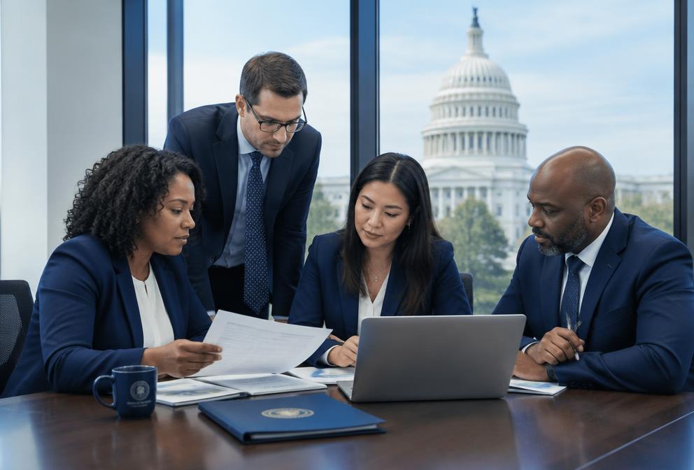 Government contracting team reviewing documents with a capitol building through the window